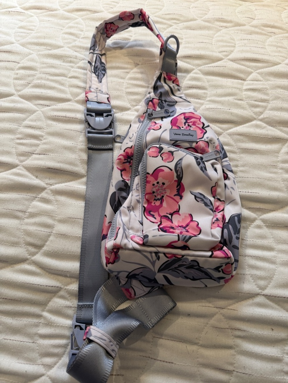 Vera Bradley Pink Floral Sling Crossbody Bag with Gray Strap